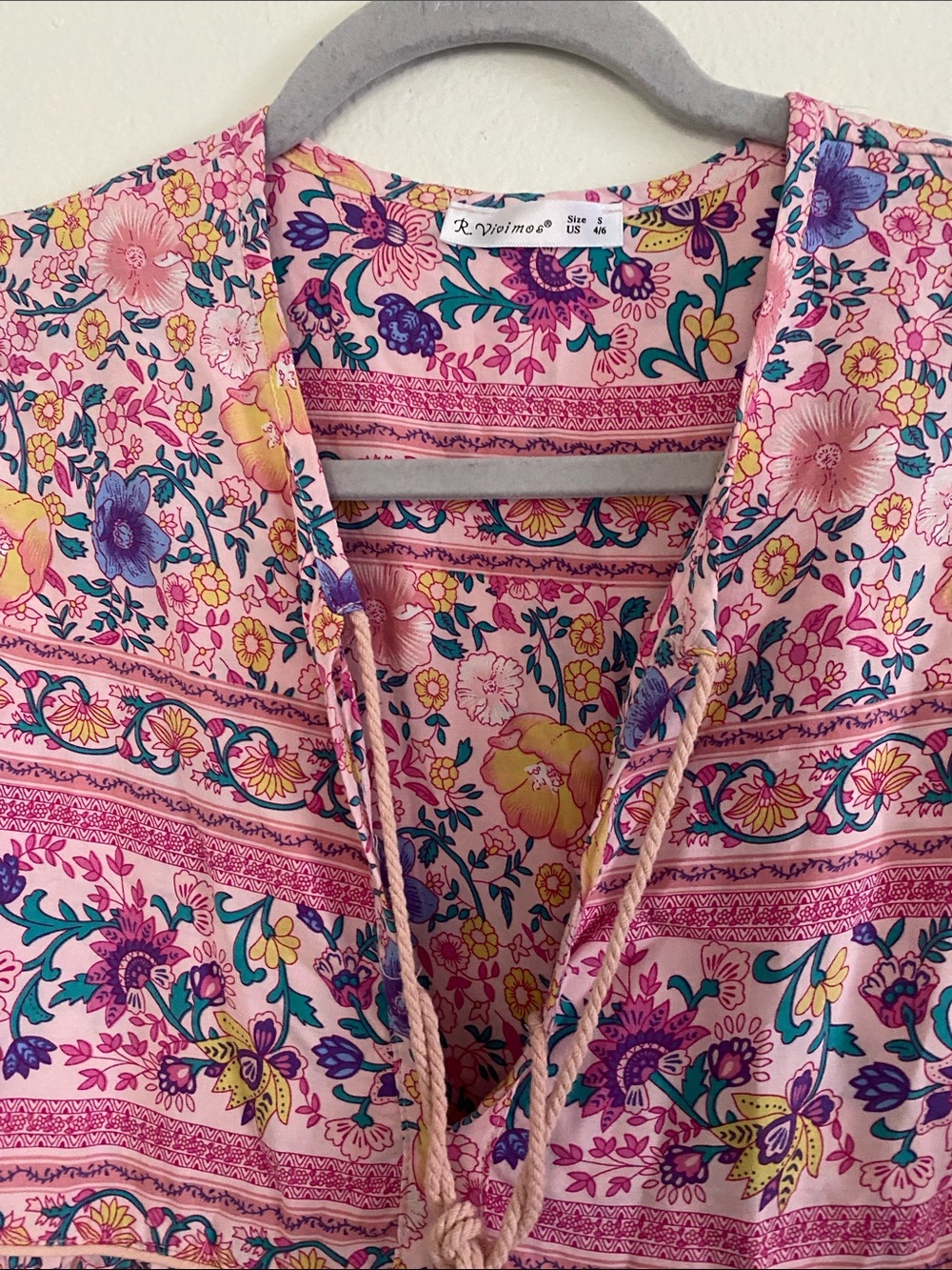 R VIVIMOS Bohemian Pink Floral Tie-Front Midi Dress. Size S - Picture 6 of 9
